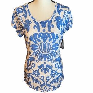 INC Top Short Sleeve Blue White Rhinestones Large